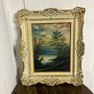 Vintage Oil Landscape Painting - Ornate White Gold Wood frame - lake and trees